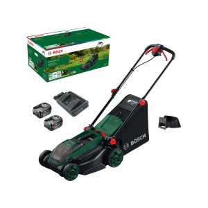 Tagliaerba a batteria Bosch Rotak 18V2-38 con batterie, caricabatterie e confezione.