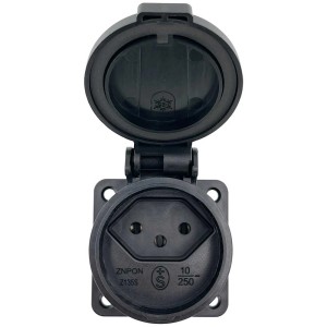 Presa da montaggio superficiale nera Tipo 13 per esterni con coperchio a cerniera aperto.