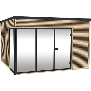 Moderna casetta da giardino in legno Weka Cubilis con facciata in vetro, naturale, 380x300 cm.