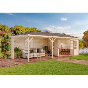 Abri de jardin Alpholz Mississippi-40 non traité avec toit en croupe et toit adossé. Abris de jardin en bois avec coin salon.