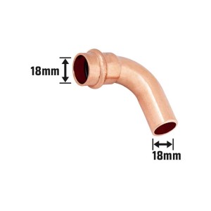 Raccordo a pressare in rame, curva a 90 gradi, diametro 18 mm per installazione acqua potabile.