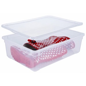 Transparente Rotho Clear Box Boots 22 l mit Deckel, gefüllt mit roten Stiefeln mit weißen Punkten.