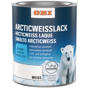 OBI smalto bianco Arcticweiss satinato 750 ml. Lattina blu con etichetta bianca, orso polare. Vernice acrilica PU per interni ed esterni, resistente agli urti.