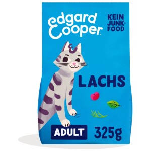 Edgard & Cooper Saumon Adult nourriture sèche pour chat, paquet de 325g avec motif chat.
