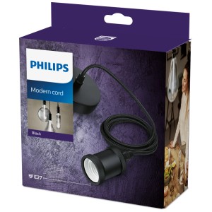 Confezione del pendente a corda Philips Giant in nero. Portalampada con cavo tessile in stile retrò.