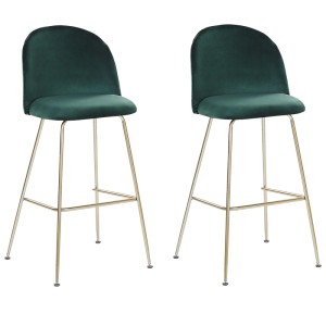Deux tabourets de bar Beliani Arcola vert émeraude avec structure en métal doré et revêtement en velours.