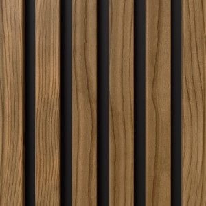Primo piano: pannello acustico Denpanels Nordic Outdoor Pro in legno termo trattato con lana di roccia, listelli di legno su fondo scuro.