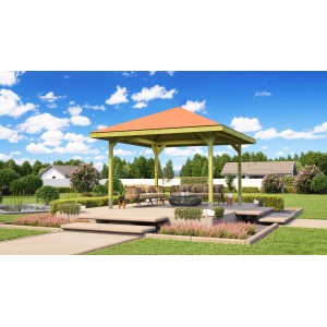 Weka Gartenoase 651 Set risparmio con tegole rosse, 380x380 cm. Gazebo in legno per il giardino.
