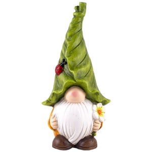 Wichtelfigur aus Terrakotta, 23 cm, mit grünem Blatt-Hut und Blume, Gartendeko.