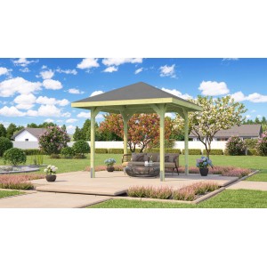 Gazebo in legno Weka Paradies, impregnato, 218x218 cm, con mobili da giardino su terrazza.