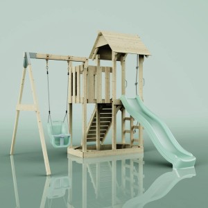 Altalena per neonati PolarPlay Bergen verde menta con torre giochi e scivolo per il giardino.