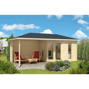 Abri de jardin Alpholz Liwa à 5 pans avec toit en croupe, non traité, 575x274 cm. Abri de jardin en bois avec terrasse.