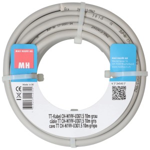 Câble TT gris CH-N1VV-U, 3 x 1,5 mm², 10 m, enroulé pour installation domestique.
