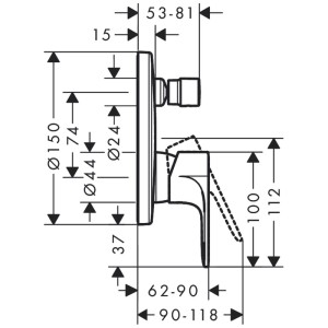 Disegno tecnico: Miscelatore vasca Hansgrohe Rebris E per iBox universal, cromo, dimensioni e dettagli.