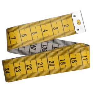 Mètre ruban jaune, 150 cm, avec graduations en centimètres pour travaux manuels et couture.