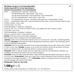 Étiquette de l'engrais pour géraniums et plantes de balcon GROW by OBI 1 l avec informations nutritionnelles.