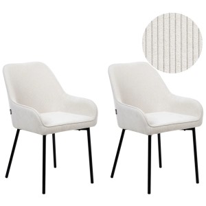 2er Set: Esszimmerstühle Loverna Cord Weiss mit Armlehnen und schwarzen Metallbeinen.