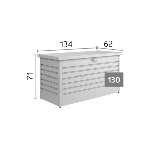 Biohort FreizeitBox 130 gris quartz métallisé. Coffre de rangement en métal robuste avec serrure, vérin à gaz. Dimensions 134x62x71 cm.