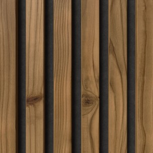 Pannello acustico Denpanels Nordic Outdoor Design con legno termotrattato e feltro nero.