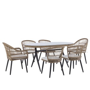 Ensemble de meubles de jardin Beliani Aliano II en rotin beige avec 6 chaises et table ovale.