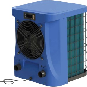 Pompa di calore Summer Fun 2,4 kW per piscine fino a 10 m³, scocca blu con ventola e display.