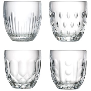 La Rochère Troquet bicchieri, set da 4 con diversi motivi da bistrot in vetro pressato.