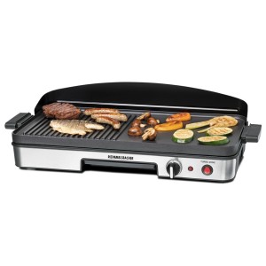 Rommelsbacher BBQ 2003 grill da tavolo con cibo. Grill elettrico con frontale in acciaio inox e diverse zone di cottura.