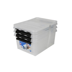 Ensemble de 3 boîtes de rangement SmartStore Classic 15L transparentes avec clips noirs, empilées.
