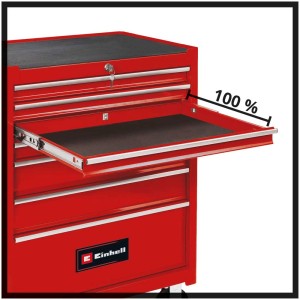 Chariot d'atelier Einhell TC-TW 150 avec tiroir ouvert, rouge. Chariot à outils pour atelier et garage.