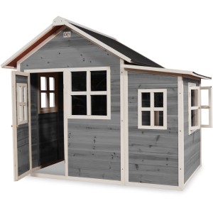 Cabane en bois grise EXIT Loft 150 avec porte ouverte et fenêtre à charnière.
