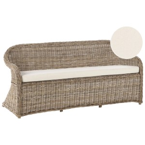 Banc de jardin en rotin Susua couleur naturelle avec coussin clair. Assise tressée pour jardin.