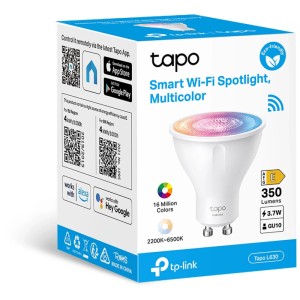 Confezione della lampadina Smart Wi-Fi Multicolor Tapo L630 con attacco GU10 e 350 lumen.