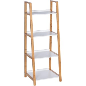 Scaffale Wenko Finja in bambù con 4 ripiani in MDF bianchi, struttura marrone.