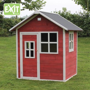 Cabane en bois rouge EXIT Loft 100 avec porte et fenêtres dans un jardin.