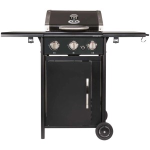 Barbecue a gas nero Outdoorchef Australia 315 G con 3 bruciatori, termometro sul coperchio e ripiani laterali.