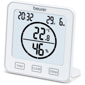 Thermo-hygromètre blanc Beurer HM 22 avec affichage numérique de la température et de l'humidité.