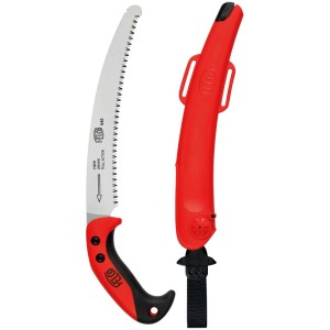 Scie d'élagage Felco 640 avec lame courbe et étui rouge pour le jardinage et la foresterie.