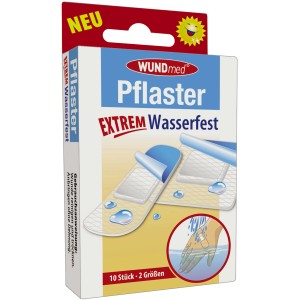 Packung Wundmed Pflaster, extrem wasserfest, 10 Stück. Transparentes Erste-Hilfe-Produkt.