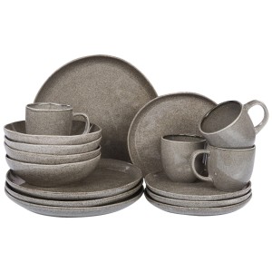 Servizio da tavola Beliani Costmary, 16 pezzi, in gres grigio. Set di stoviglie con piatti, ciotole e tazze per 4 persone.