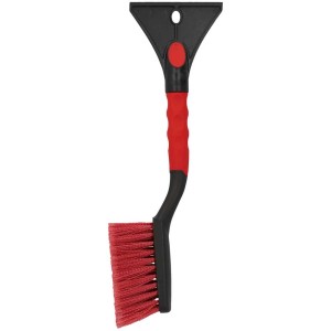 Balai à neige Nigrin avec grattoir à glace, version courte, avec manche rouge et éléments noirs.