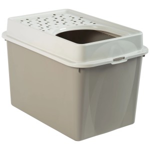Litière pour chat Rotho Berty beige avec couvercle et ouverture d'entrée.