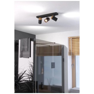 Plafonnier Eglo ConsumaGU10, 3 lampes, acier/bois noir, 400mm. Spots orientables.