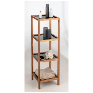 Chariot de salle de bain Wenko Fond en acacia avec 4 étagères en verre pour accessoires et serviettes.