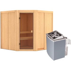 Sauna Karibu Kotka con stufa: Sauna in legno massello con porta in vetro e stufa da 9 kW per sessioni rilassanti.