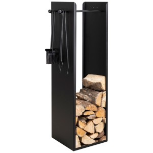Range-bûches Compact Nouvel en métal anthracite avec serviteur et bois.