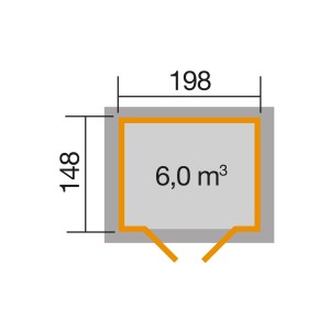 Plan de la cabane de jardin Weka 323 avec toit à deux pentes décalé, dimensions 198x148 cm, volume 6,0 m³.