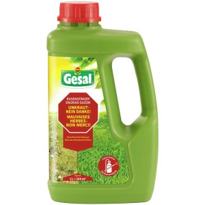 Gesal Engrais gazon désherbant, bouteille 1L pour une pelouse verte sans mauvaises herbes.