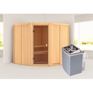 Sauna Karibu Kotka con stufa e porta in vetro, sauna in legno massello per ore di relax.