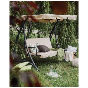 Dondolo da giardino Beliani Temple beige con cuscini e coperte.