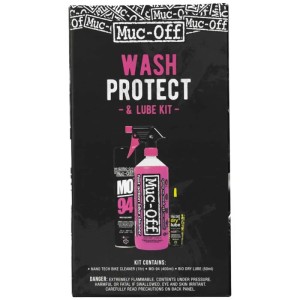 Kit de nettoyage vélo Muc-Off Wash Protect + Dry Lube : nettoyant, spray, huile chaîne.